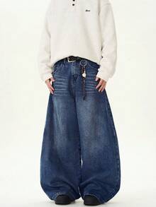 1pc Justice Brother Vintage Washed Loose Fit Wide Leg Distressed Boyfriend Jeans, Casual & Unisex Design - Royal Blue - View 4