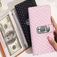 Diamond Rhinestone Pattern PU Leather Money Saving Book, With 3-Digit Combination Lock, With Transparent PVC Pocket Cash Storage Organizer, Portable Cash Bill Saving Challenge Book - Multicolor - View 5