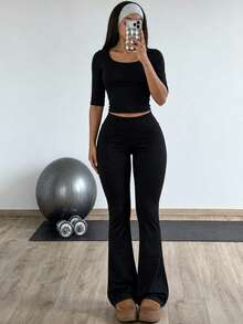 Autumn Everyday Matching Sets For Women Going Out 2 Pieces Set Black Crewneck Tops Pants Set For Date Night Out - Black - View 7