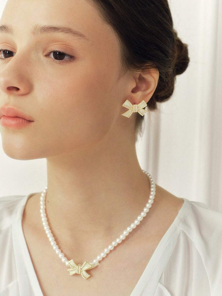 Sorayune 3pcs Set Exquisite Faux Pearl Bow Necklace & Earrings, Exclusive Design For Women - Beige - View 1