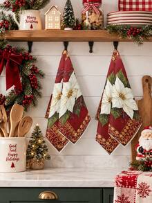 2pcs/4pcs Set Christmas Vintage White Poinsettia Towels, Classic Red Background With Gold Edge Floral Berry Pattern Hand Towels, Bathroom Kitchen Home Decor, Holiday Gift - Multicolor - View 6