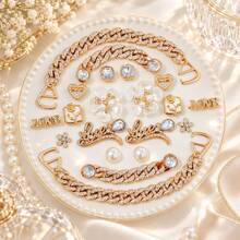 20pcs Gold Pearl Rhinestone Hollow Shoe Charms, ABS Flower Heart Rhinestone Chain Shoe Decorations, DIY Shoe Accessories For Women And Girls - Gold Pearl LOVE Chain Necklace - 20PCS - View 5