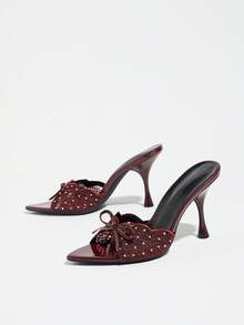 Women's Pointed Toe Lace Wave Edge Mesh Bow High Heel Sandals, Outdoor Activity Open Toe Mule Slippers Wedding Shoes, Burgundy High Heels - Burgundy - View 8