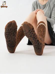 1 Pair New Striped Bow Leopard Print Yoga Socks For Women, Non-Slip Grip Long Tube Socks For Sports, Fitness And Pilates - Brown - View 3
