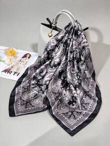 1PC Women's Fashion Chain Rope Print 90*90cm Square Scarf, Versatile Decorative Scarf For Spring And Autumn - Black and Pink (Cashew Pattern) - View 11