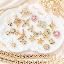 24pcs Gold Shiny Rhinestone Butterfly Heart Star Airplane Pearl Chain Shoe Charms, ABS DIY Girls Women Shoe Decorations Accessories - Gold - View 3