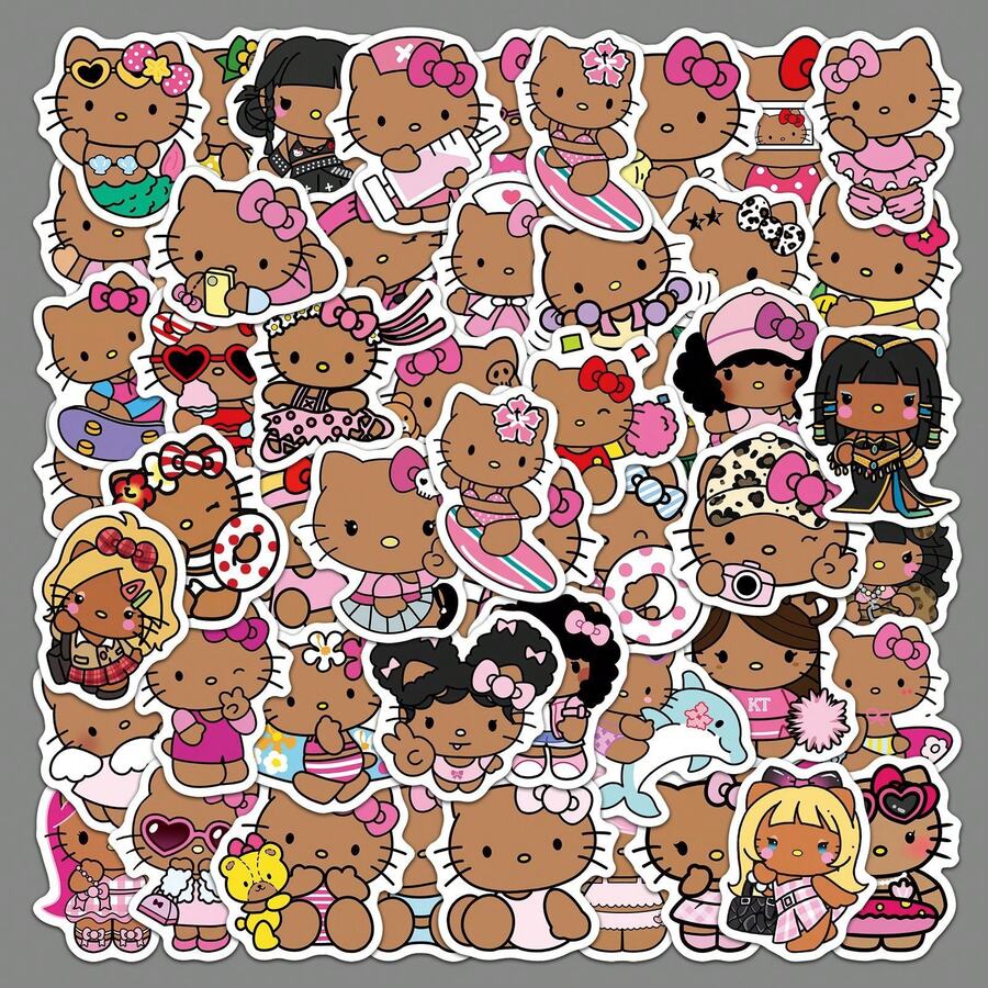 Hasbro 50pcs Sanrio Black Skin Hello Kitty Stickers Cute Sanrio KT Cat Stationery Guka Computer Planner Stickers - Multicolor - View 1
