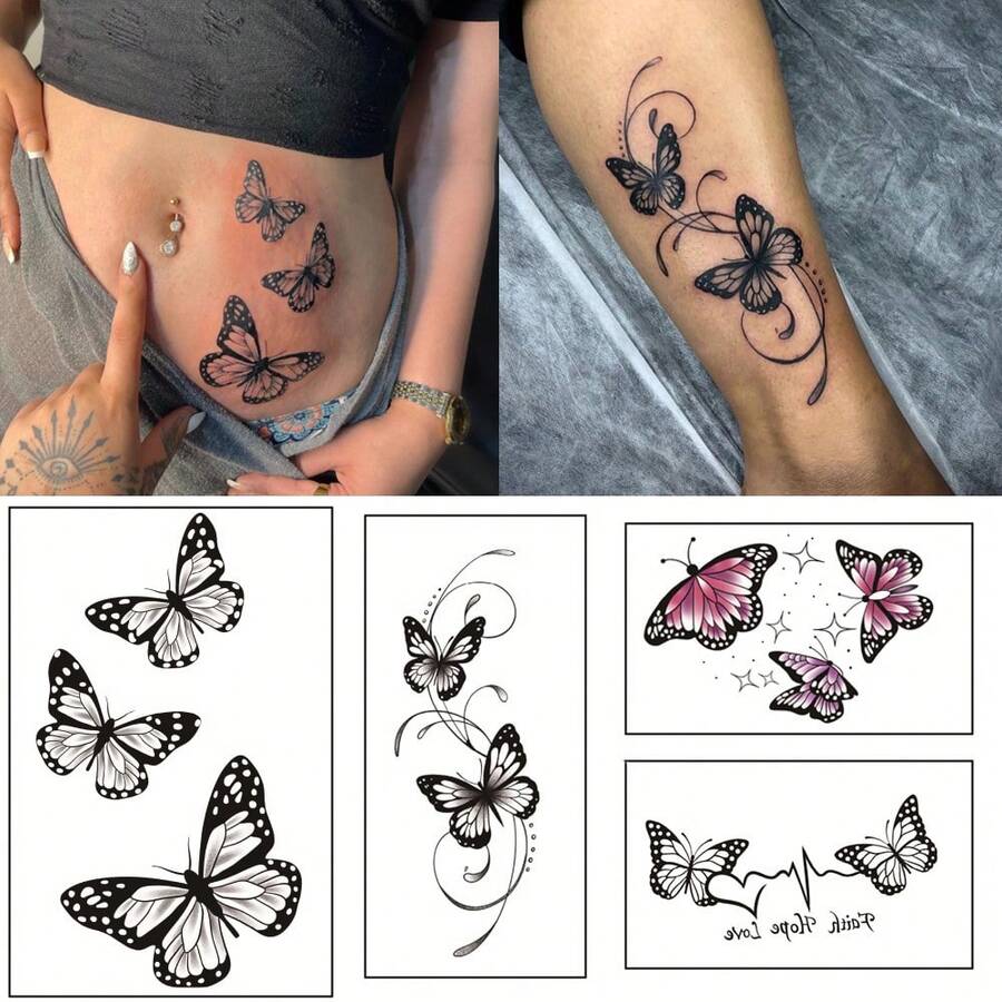 4pcs Butterfly Script Text Temporary Tattoo Stickers Set, Waterproof Long Lasting Fake Tattoos, Black Body Art Decals For Chest Arm Wrist, Party Festival Decorations, Easy To Apply & Remove - Multicolor - View 1