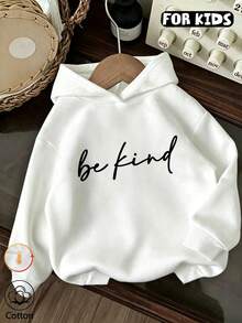 Tween Girl Minimal Slogan Graphic Hoodie, Girls Be Kind Letter Hooded Pullover - White - View 1