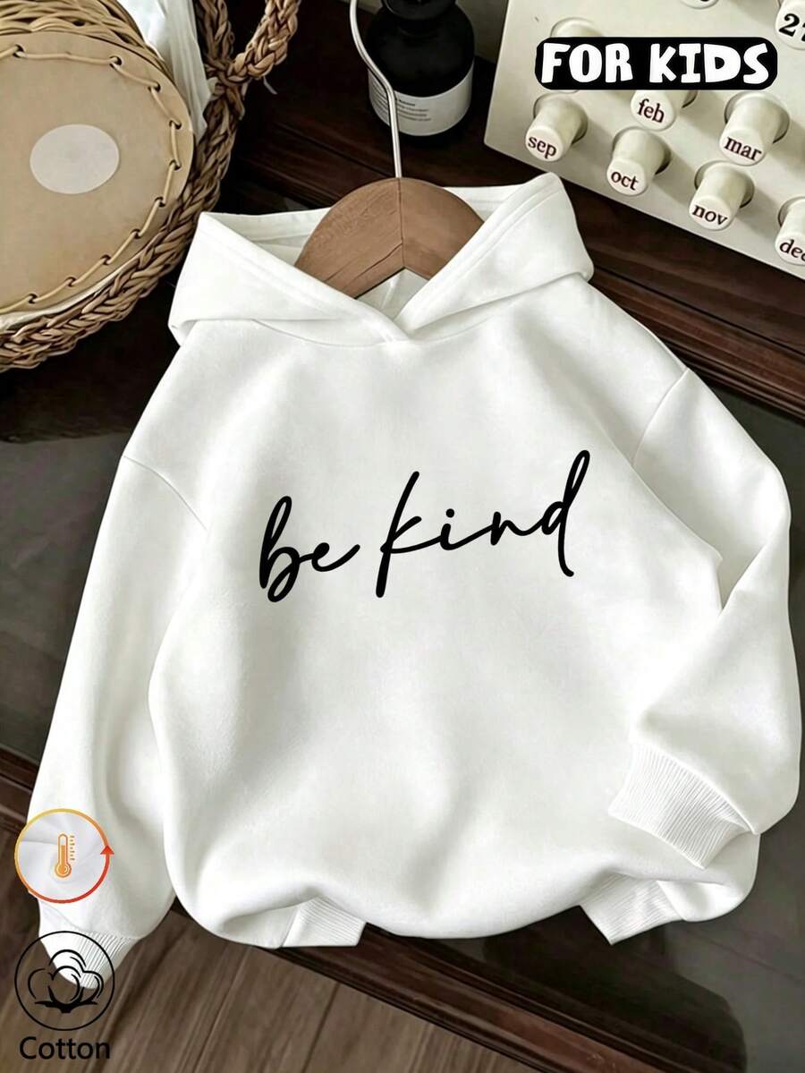 Tween Girl Minimal Slogan Graphic Hoodie, Girls Be Kind Letter Hooded Pullover - White - View 1