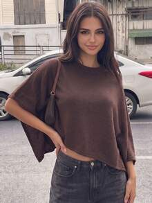 Women's Brown Knit Pullover Sweater, 3/4 Sleeve, Ribbed Knit Detail, Regular Length, Slightly Elastic Fabric, Autumn Essential - Brown - View 5