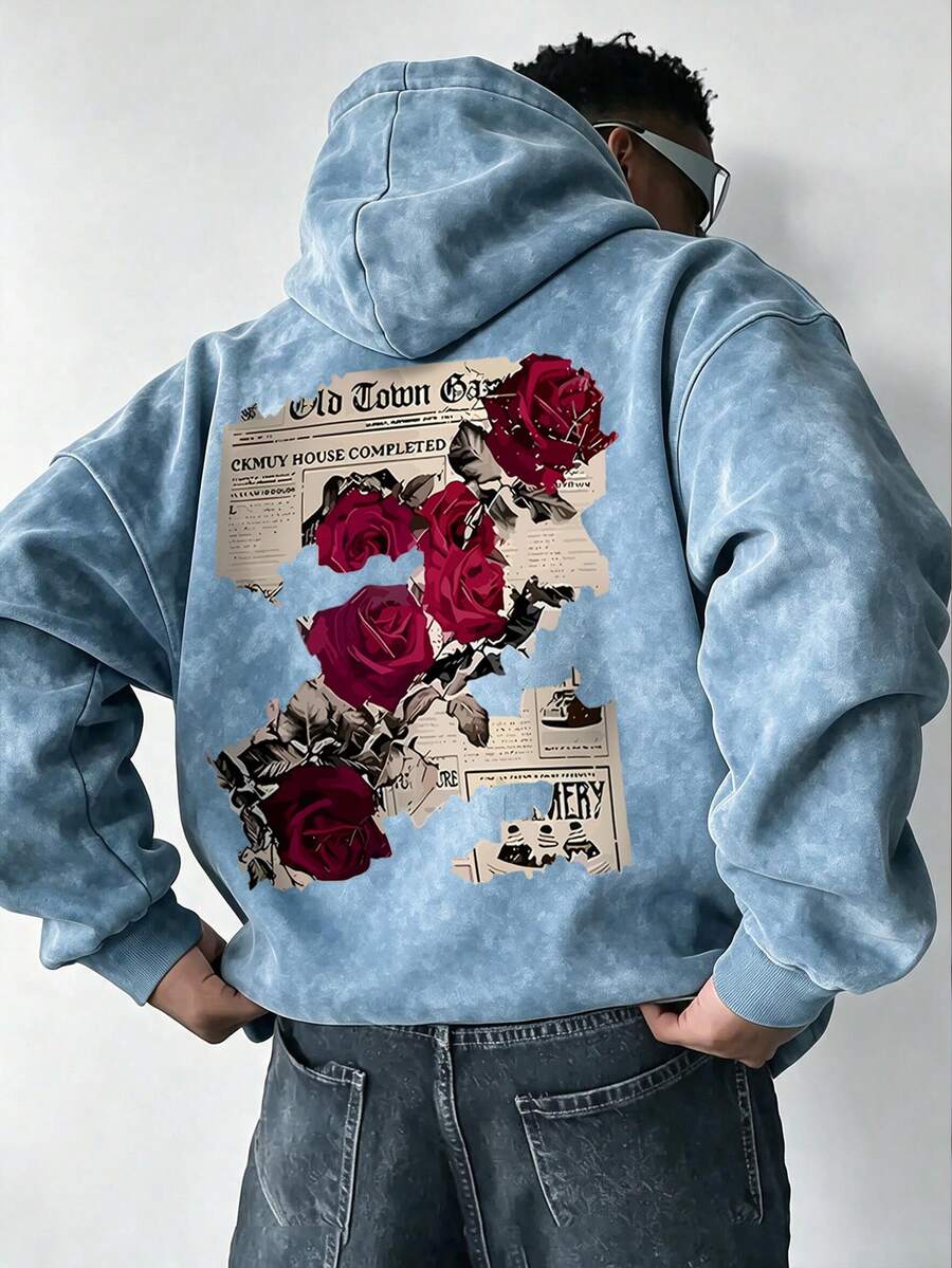 Men's Faux Washed Distressed Rose & Newspaper Print Hoodie, Loose Casual Pullover Sweatshirt
