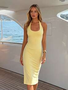 Women's Elegant Yellow Knit Backless Slim Fit Midi Dress With Back Slit Hem, Perfect For Summer Fashion Occasions - Yellow - View 5