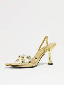 Women's Transparent High Heel Sandals With Gold Metal Rivet Decor And Back Ankle Strap, Elegant Fashionable Comfortable, Suitable For Banquet, Vacation, Outdoor Wear - Gold - View 7