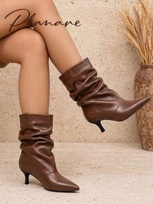 planare New Women's Fashionable Personalized Ruched Mid-Calf Brown Boots, Slip-On Pointed Toe Kitten Heel Street Casual Slouchy Boots, Slimming - Brown - View 4