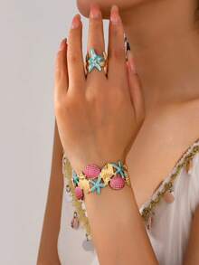 2pcs/Set Ocean Starfish Shell Jewelry Set Gradient Enamel Open Cuff Bracelet Adjustable Ring Beach Accessories - Green - View 14