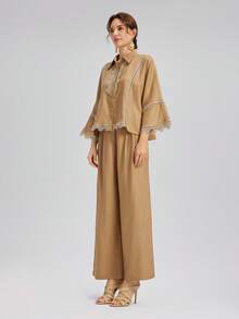 Rich Radi Q's Blouse femme bohème vintage en tissu tissé, col chemise, manches longues évasées en dentelle bicolore, longueur régulière - Jaune moutarde - Voir 5