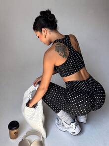 Polka Dot 2-Piece Sports Set, Racerback Crop Top + High Waist Tummy Control Leggings, Elastic Yoga Fitness Casual Outfit - Black and White - View 1