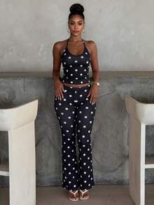 LovelyWholesale Women'S Casual V-Neck Solid Color Rib Kint Vest And Pants Two Pieces Set Summer Outfits For Women(Top & Bottom Different Fabric, Slight Color Variance) - Black - View 8