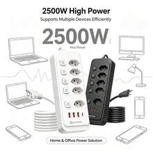 Swiss Standard Long Power Strip 1.8m Extension Cord PC Material 5AC 3USB 1Type-C Individual Control Switches 2500W Suitable For Living Room, Bedroom, Kitchen, Study And Other Spaces - Switzerland Plug(230V) - View 3