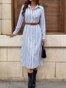 Women's Blue Striped Button Shirt Dress, Long Sleeve Non-Stretch Dress, Suitable For Casual Daily Wear And Office Occasions - Blue - View 4