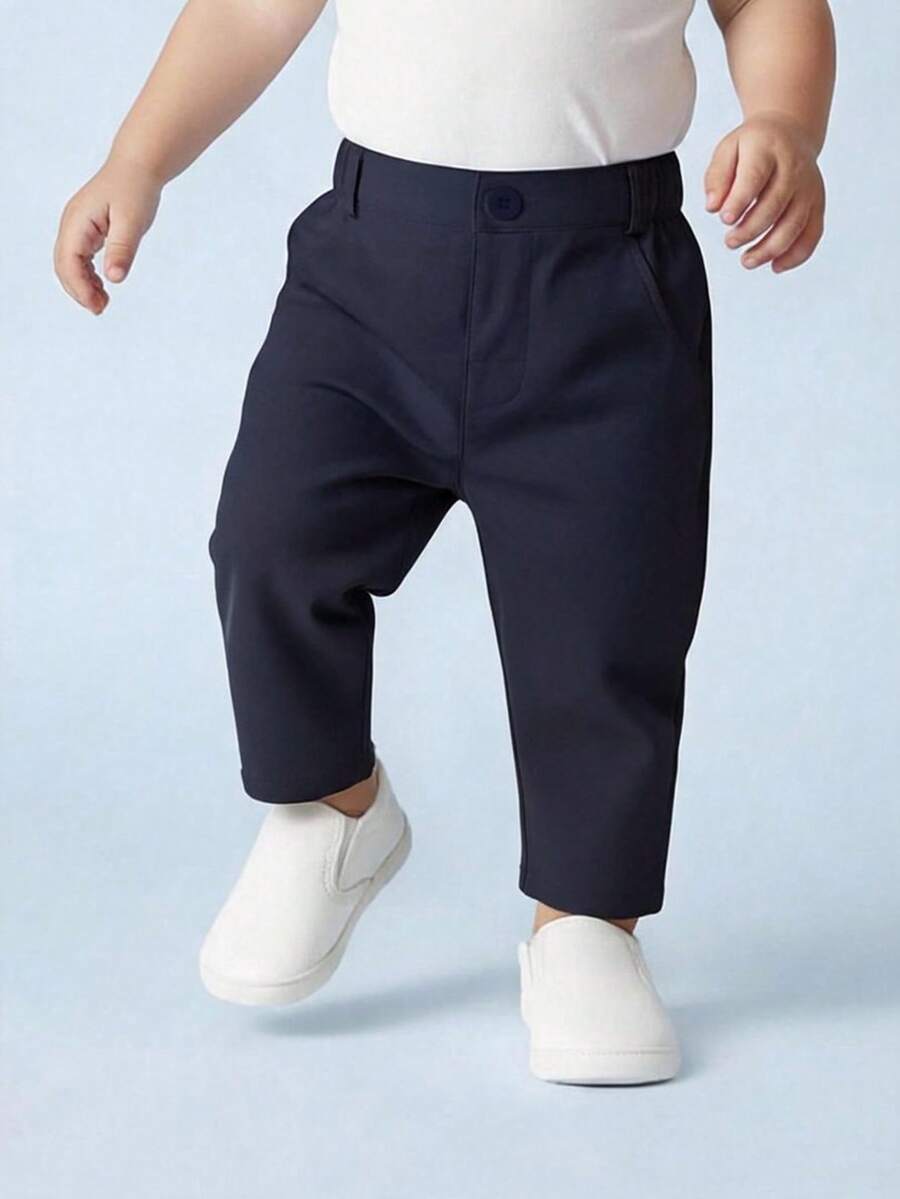 婴幼儿男童黑色弹力腰纯色休闲舒适裤,适合春秋季日常穿着 - 藏蓝色 - 查看 1