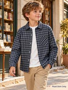 Boys Classic Streetwear Versatile Red & Grey Plaid Long Sleeve Shirt, Suitable For Vacation, Daily Casual Wear - Multicolor - View 2