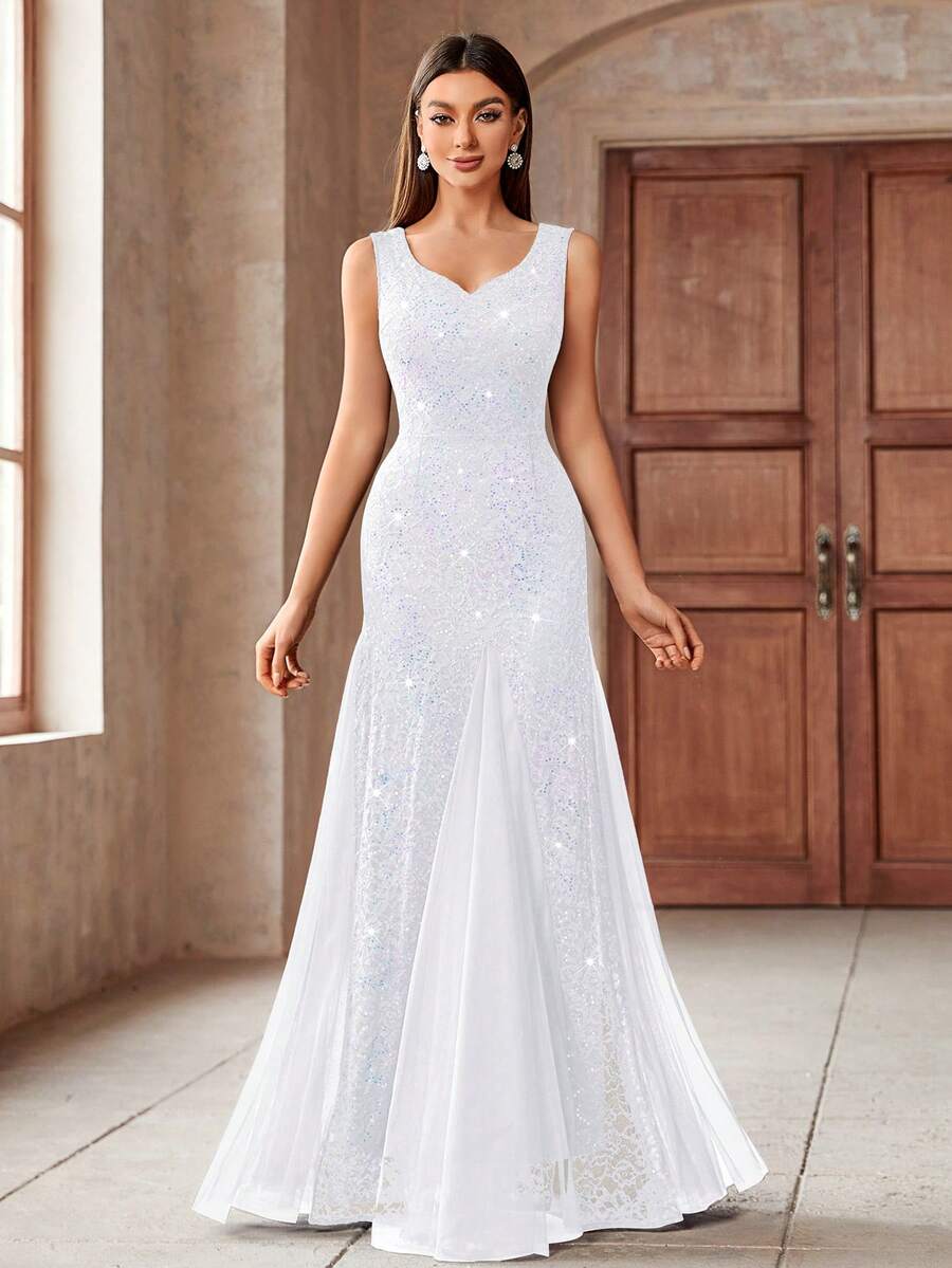 MIUSOL Sweetheart Neckline Contrast Color Sequin Lace Mesh Mermaid Hem Formal Maxi Dress Wedding Spring White