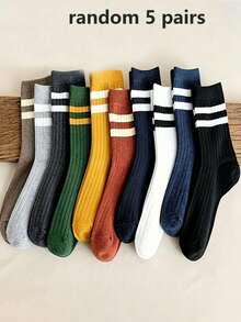 10 Pairs Women's Mid-Calf Socks, Breathable & Moisture-Wicking, Double Stripe Design, Suitable For Autumn/Winter - Multicolor - View 11