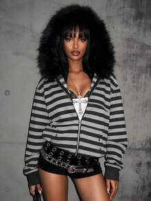 Women's Striped Short Knit Hoodie, Faux Fur Trim, Long Sleeve Zipper Jacket, Suitable For Winter - Black - View 1