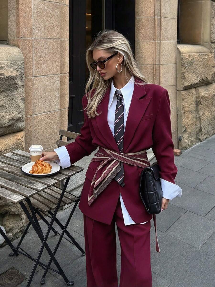 Women's Elegant Burgundy Suit Jacket And Pants Set, Suitable For Autumn Outings, Parties, Gatherings And Business Meetings