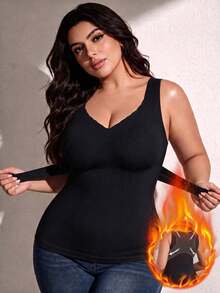 1pc Plus Size Autumn/Winter Warm Brushed Lining V-Neck Vest, 2-In-1 Built-In Padded Shaping Sleeveless Sports Tank Top - Black - View 2