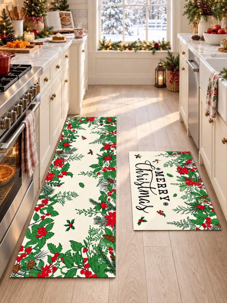 1/2pcs Christmas Kitchen Decor Rug, Christmas Floral & Santa Claus Pattern Winter Kitchen Rug And Mat, Non-Slip Washable Absorbent Kitchen Accessories Decor Mat, Christmas Holiday Gift! - Multicolor - View 1