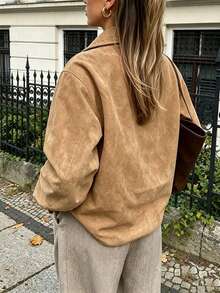 Women's Winter Jacket, Brown Loose Collar Jacket, Long Sleeve, Button Decor, With Pockets, Autumn Outfit Choice, Suitable For Daily Wear - Khaki - View 5