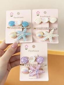 3pcs Women's Ocean Style Starfish & Shell Hair Clips, Glitter Iridescent Pearl Crystal Barrette, Vacation/Daily Wear Side Hair Accessory For Girls - Multicolor - View 1