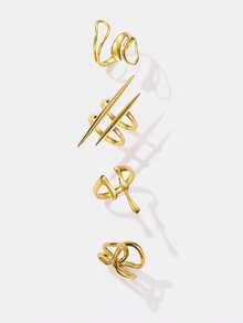 Kryxie 4pcs/Set Stainless Steel Minimalist 18K Gold Plated Geometric Line Design Open Rings, Suitable For Daily Wear For Women - Yellow Gold - View 3