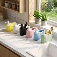 Dispenser Sabun Cair Beralur dengan Tempat Penyimpanan Spons dan Sikat, Organizer Wastafel Vertikal 3-in-1, Botol Pompa Sabun Cuci Piring Cair untuk Wastafel Kamar Mandi dan Dapur - A - View 4