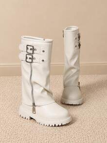 Girls' Minimalist Metal Double-Row Buckle Decor Side Zipper Ruched White Long Boots, Suitable For Outings And Photos - White - View 4