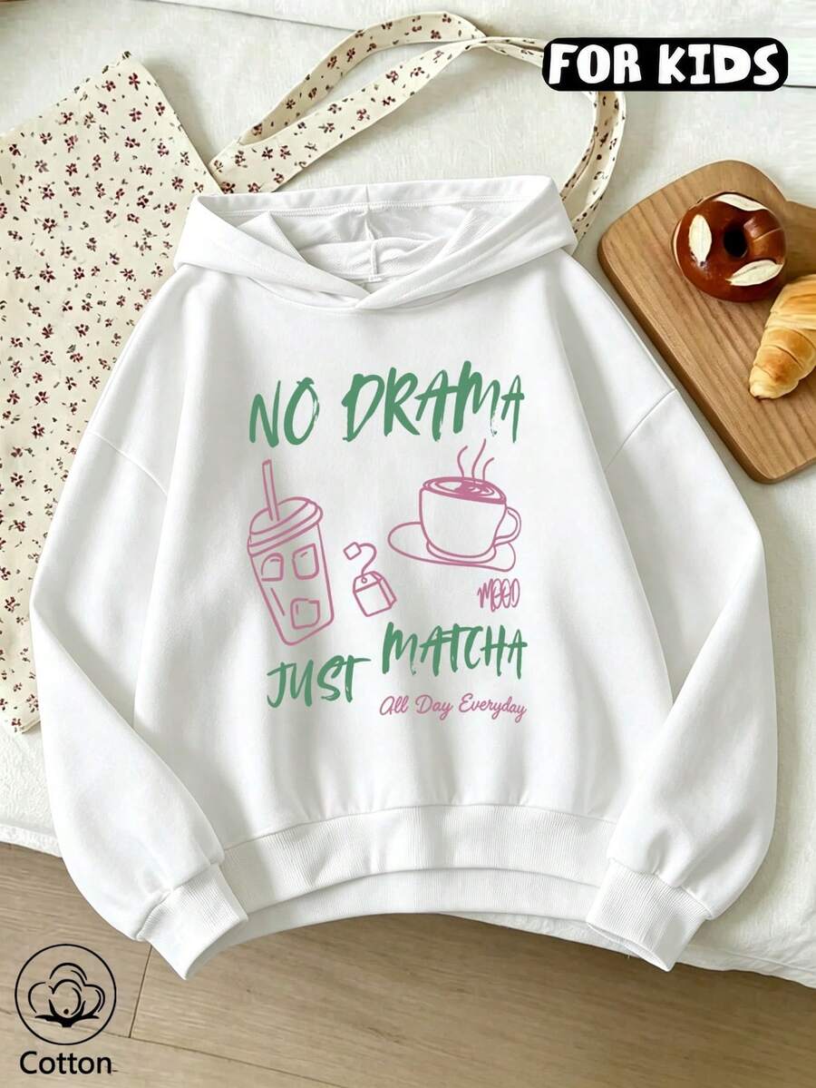 Girls Matcha Quote Hand Drawn Print Hoodie, Casual Long Sleeve Hooded Pullover - White - View 1
