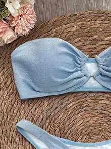 SwimNova Ensemble de bikini bandeau sexy et élégant pour femmes, tissu hautement élastique, maillot de bain bleu clair brillant, convient pour la plage ou la piscine - Bleu ciel - Voir 4