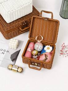 1pc Woven Handbag Cosmetic Storage Box, Wedding Gift Box, Bridesmaid Gift Box, Rattan Storage Basket, Travel Camping Photo Prop, Autumn Home Decor, Christmas Home Decor - Brown - View 7