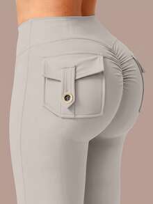 6pecil Women's Autumn/Winter Flare Leggings, Women's Tight Yoga Pants, Casual Multi-Functional Grey Slim Fit Cargo Pants, High Waist Tummy Control, With Pockets, High Elasticity Butt Lifting, Women's Classic Casual Slimming Sports Cargo Pants - Light Grey - View 8