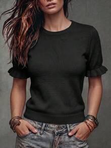 Women's Casual Yellow Round Neck Ruffle Short Sleeve Loose Fit T-Shirt, Spring/Summer, Suitable For Dating And Daily Wear - Black - View 7