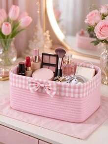 1pc Large Capacity Bowknot Woven Storage Basket, Home Desktop Cosmetic Small Item Organizer, Vanity Storage Box, Holiday Gift Storage Basket - Multicolor - View 6