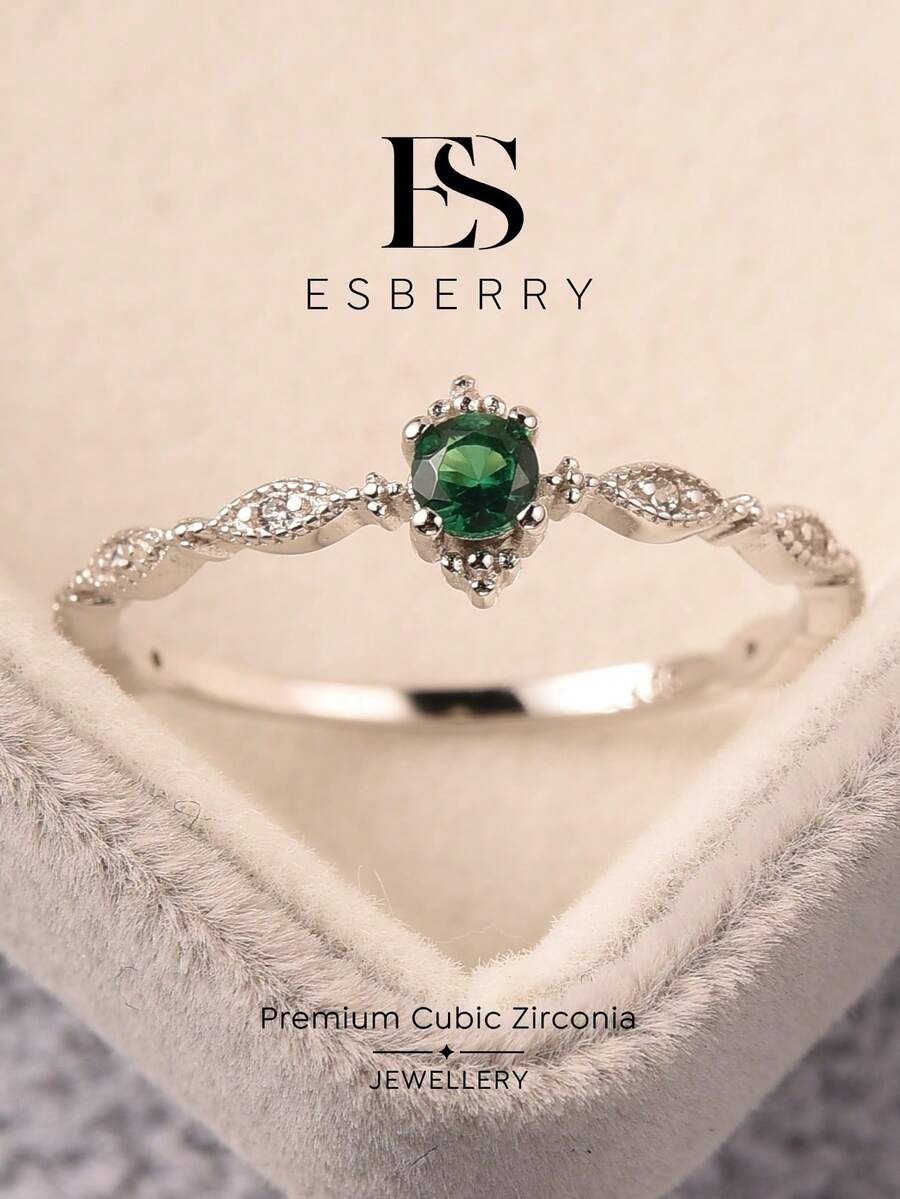 ESBERRY 1pc Green Eternity Ring, Exquisite Women's Jewelry Gift - Silver - View 1