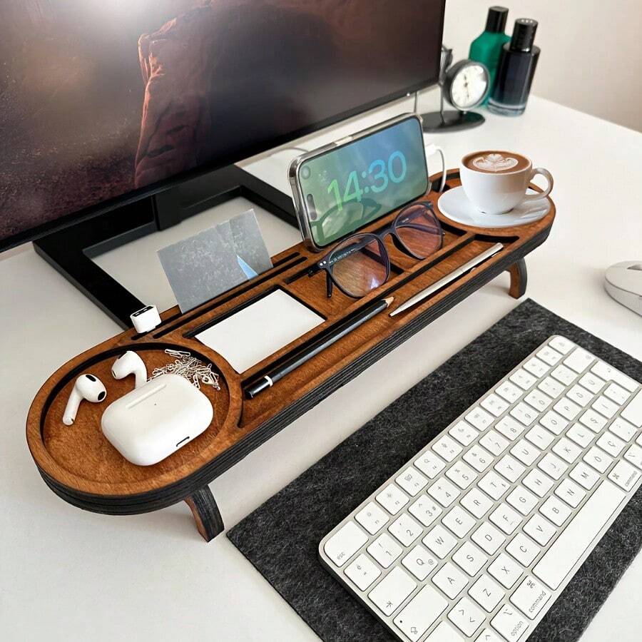 1 Set Compact Wooden Desktop Organizer - Suitable For Holding Pens, Fashion Glasses, Phone And Keyboard Tray - Minimalist Design, Durable Wooden Office Accessory, Natural Style, Ideal Gift For Father's Day, Christmas And Birthday - Multicolor - View 1