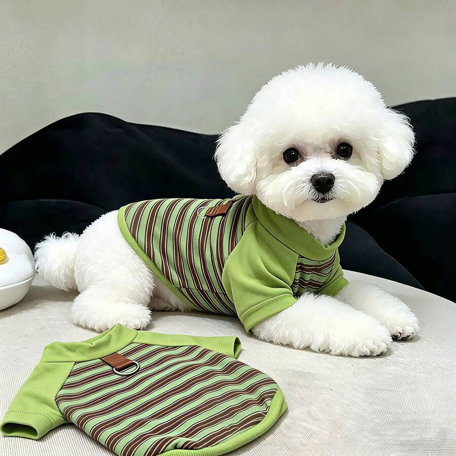 1pc Green Striped Pet Hoodie, Casual Comfortable Fashion Spring/Autumn Dog/Cat T-Shirt, Suitable For Teddy Poodle And Other Small To Medium Pets - Green - View 1