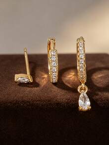3Pcs Stacked Huggie Earring Set For Women, Gold Plated Marquise Teardrop Cubic Zirconia Earrings For Multiple Piercing, Ear Jewelry For Daily Party - Yellow Gold - View 5