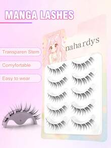 5 Pairs Natural Manga Lashes, False Eyelashes, Clear Band, Wispy Natural Look Lashes, Spiky Anime Strip Lashes, Dramatic DIY Cosplay Fake Eyelashes Reusable Strip Lashes, Suitable For Beginners Strip Lashes - Black - View 4