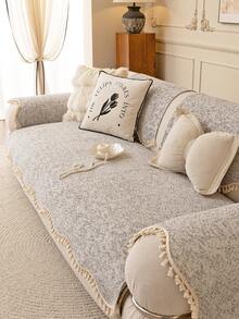 1pc Tassel Design Chenille Sofa Cover, Non-Slip Backing, Pet-Friendly, Durable, All-Season Use, Machine Washable, Holiday Decor Home Furnishing Sofa Protection, Suitable For 1/2/3/4 Seat L-Shaped Sofa Armrest Backrest Cover, Autumn Decor, Room Decor, Back To School, Schoolsupplies - Grey - View 6